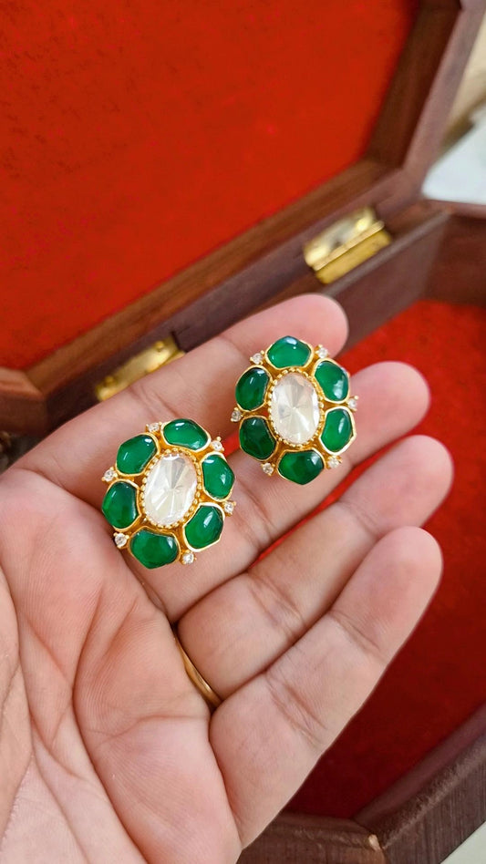 Emerald Statement Moissanite Polki Studs Earrings