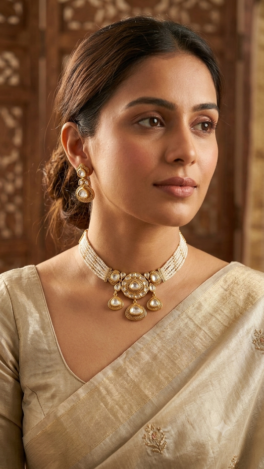 Signature Moissanite Polki Pearl Gold Craved Necklace Set