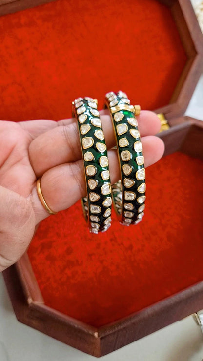 Jaipur Handpainted Statement Polki Moissanite Meenakari Screw Openable Bangles - Pair
