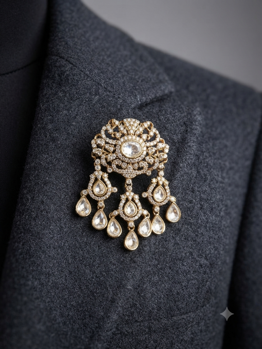 Statement Moissanite Polki Antique Gold Unisex Brooch