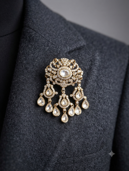 Statement Moissanite Polki Antique Gold Unisex Brooch