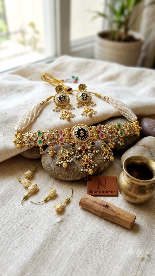 Bhavni Heritage Regal Green long Necklace Earrings Set )