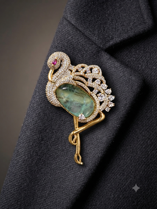 Flamingo Mint Russian Emerald Polki  Gold Unisex Brooch