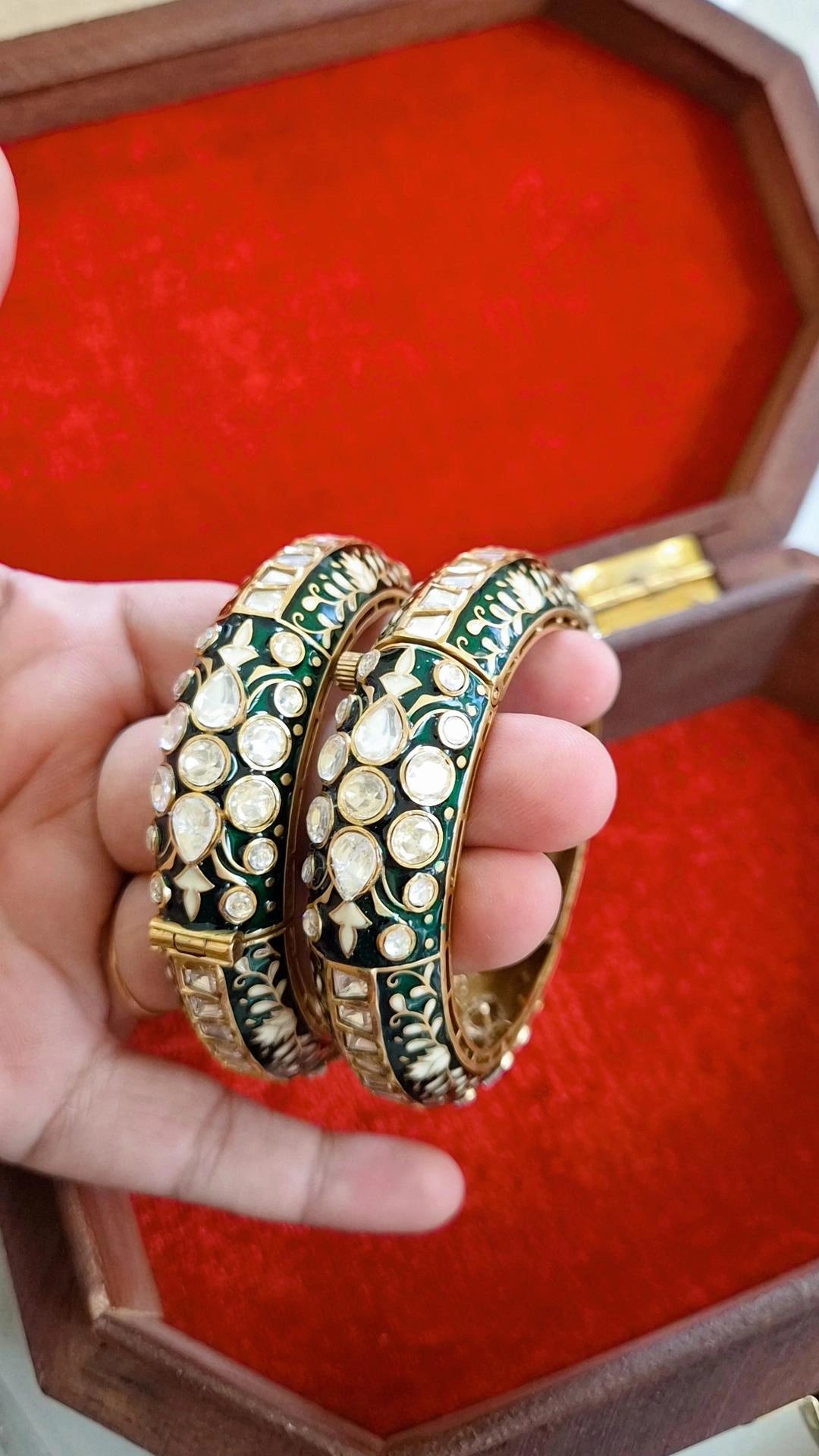 Mainkaa Statement Polki Moissanite Meenakari Screw Openable Bangles - Pair