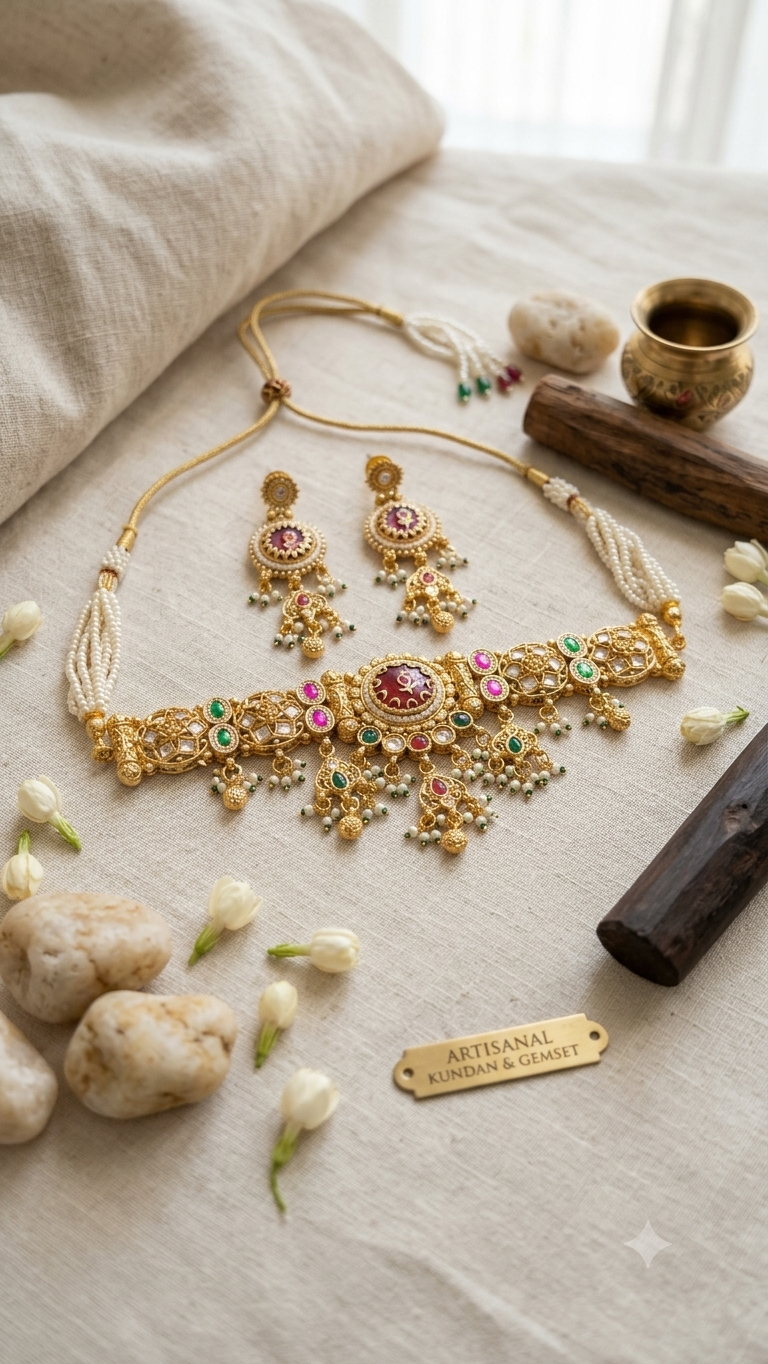 Bhavni Heritage Regal Green long Necklace Earrings Set )