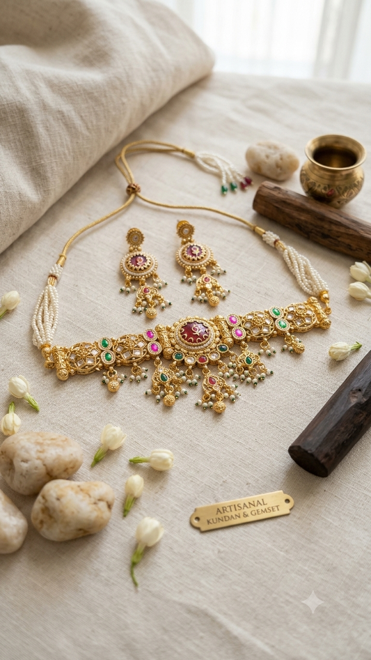 Bhavni Heritage Regal Green long Necklace Earrings Set )