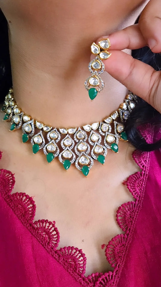 Emerald Real Moissanite Polki Necklace set