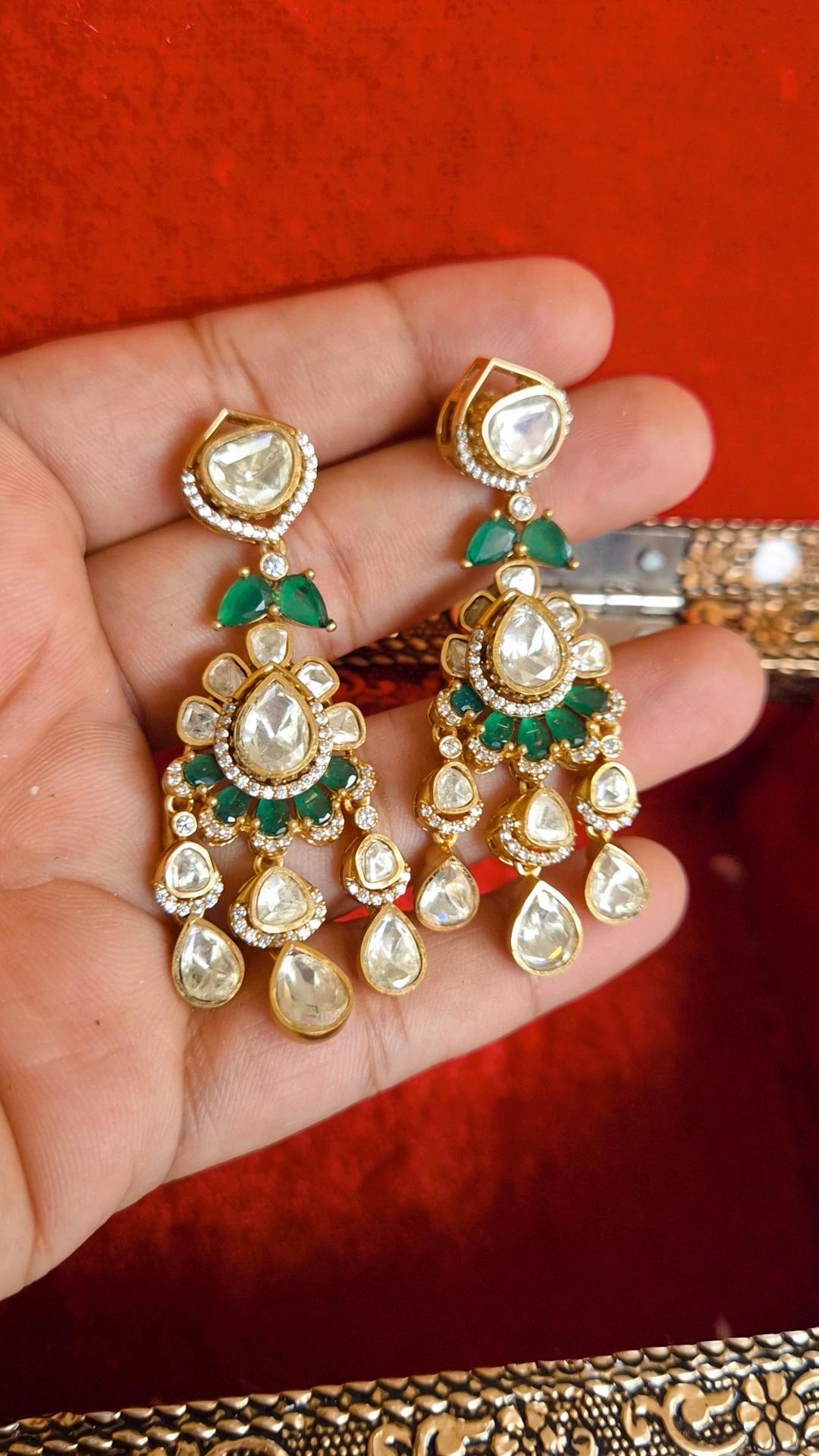 Uncut Polki Moissanite Screw Back Dangler Earrings