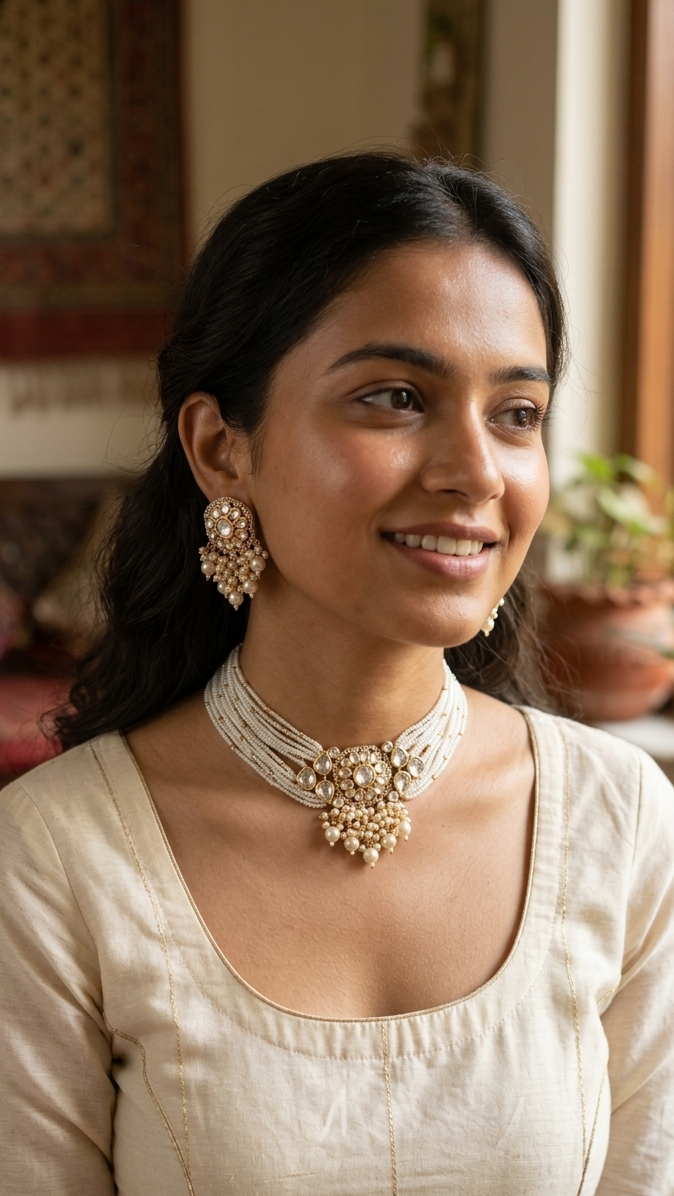 Statement Moissanite Polki Pearl Choker Earrings Set