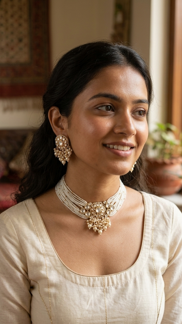 Statement Moissanite Polki Pearl Choker Earrings Set