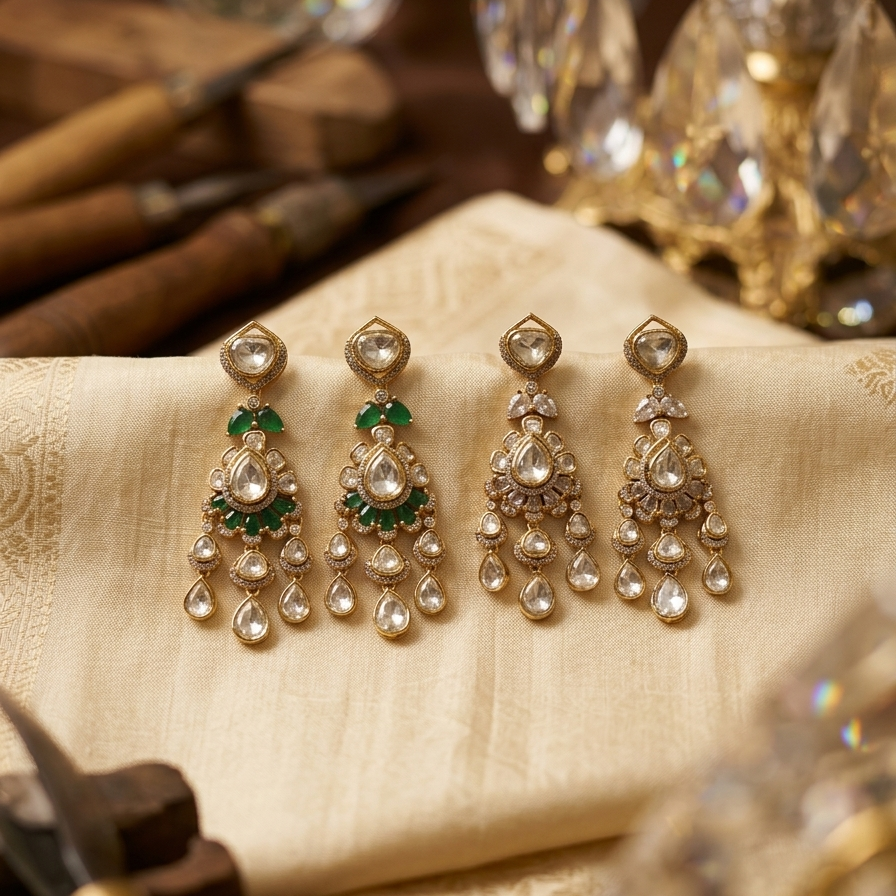 Uncut Polki Moissanite Screw Back Dangler Earrings