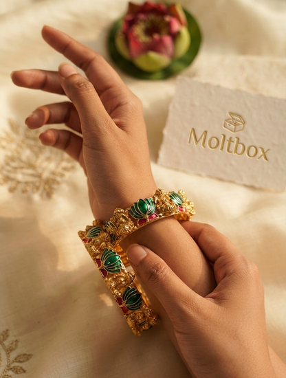 Lotus Gold-Plated Ruby Studded Bangles- Pair