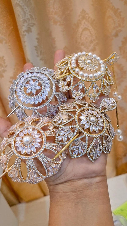 Elegant American Diamond Pearl Studded Hair Bun Cage with Stick - Small Size