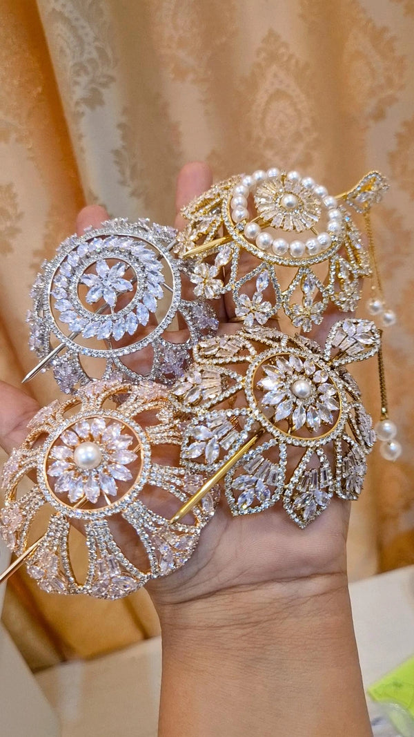 Elegant American Diamond Pearl Studded Hair Bun Cage with Stick - Small Size