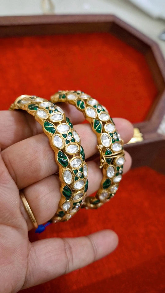 Maitree Statement Polki Moissanite Meenakari Screw Openable Bangles - Pair