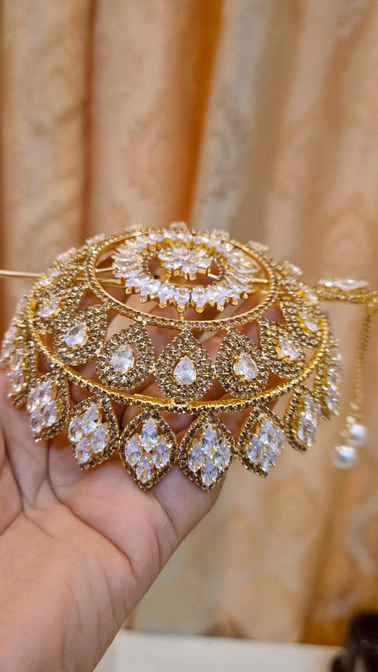 Statement Golden plated American Diamond Hair Bun Cage with Stick