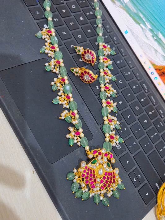 Luxury Peacock Kemp Jadau Beads Moisaanite Studded  Necklace Set