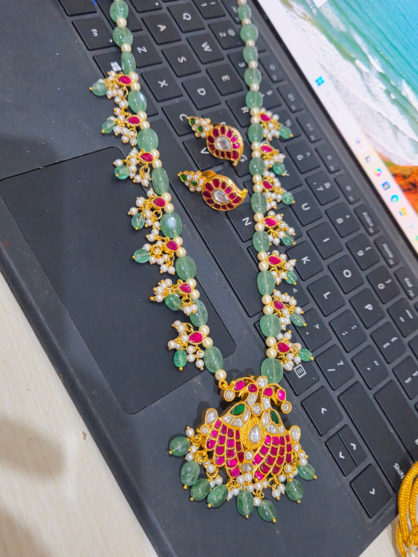 Luxury Peacock Kemp Jadau Beads Moisaanite Studded  Necklace Set