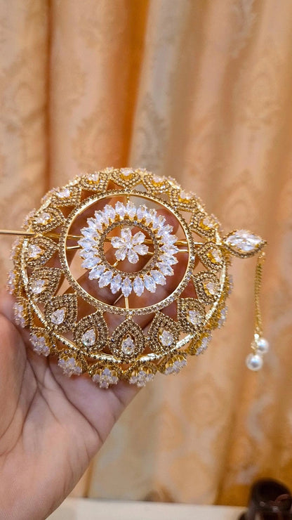 Statement Golden plated American Diamond Hair Bun Cage with Stick
