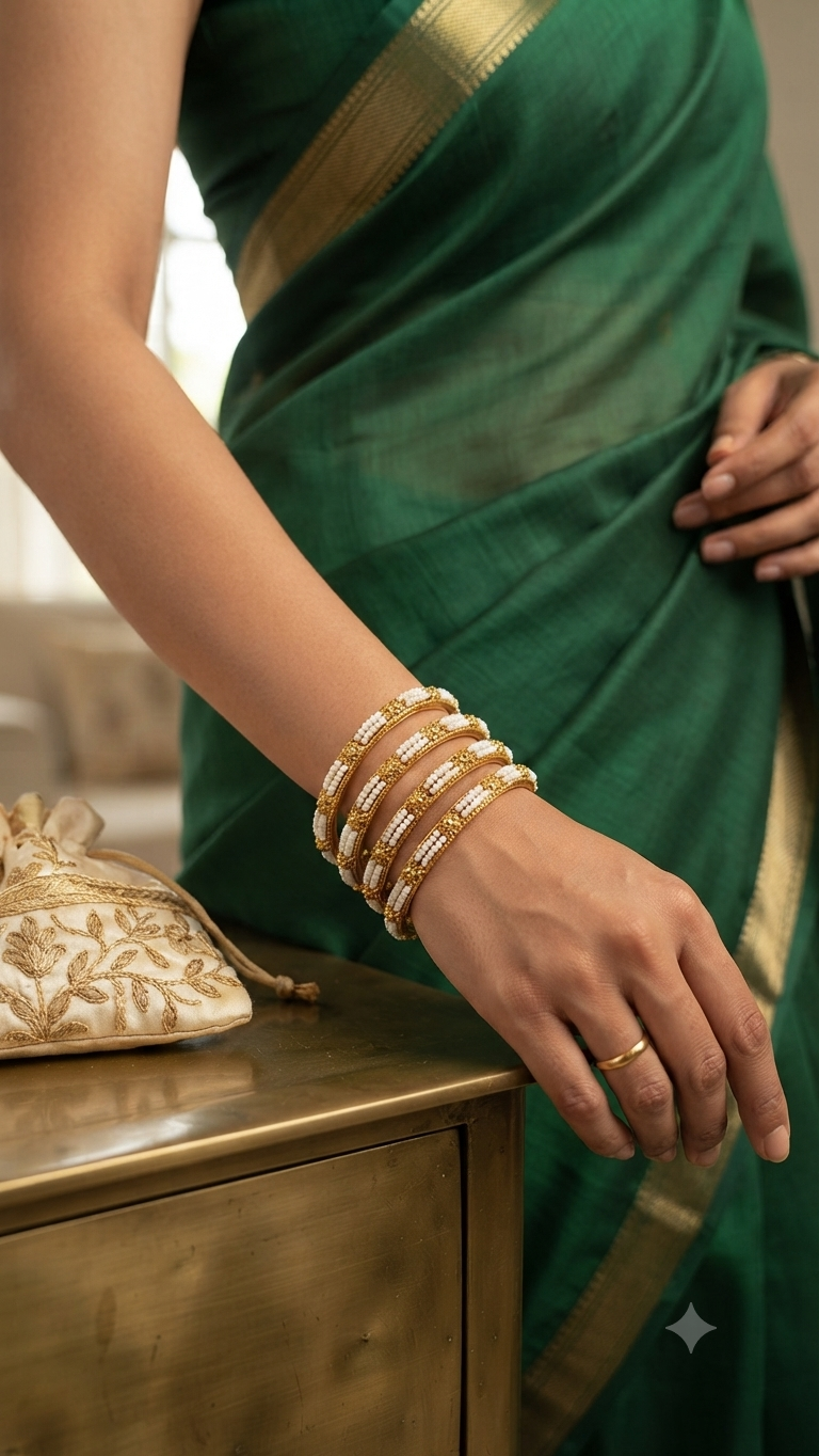 Sleek Elegant Pearl Gold plated Bangles- Set of 4