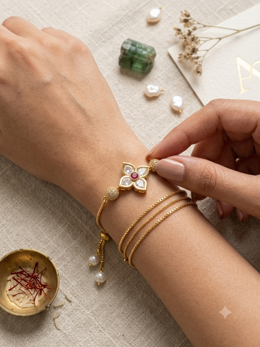 Moissanite Kundan Unisex Chain Bracelet Rakhi (Copy)