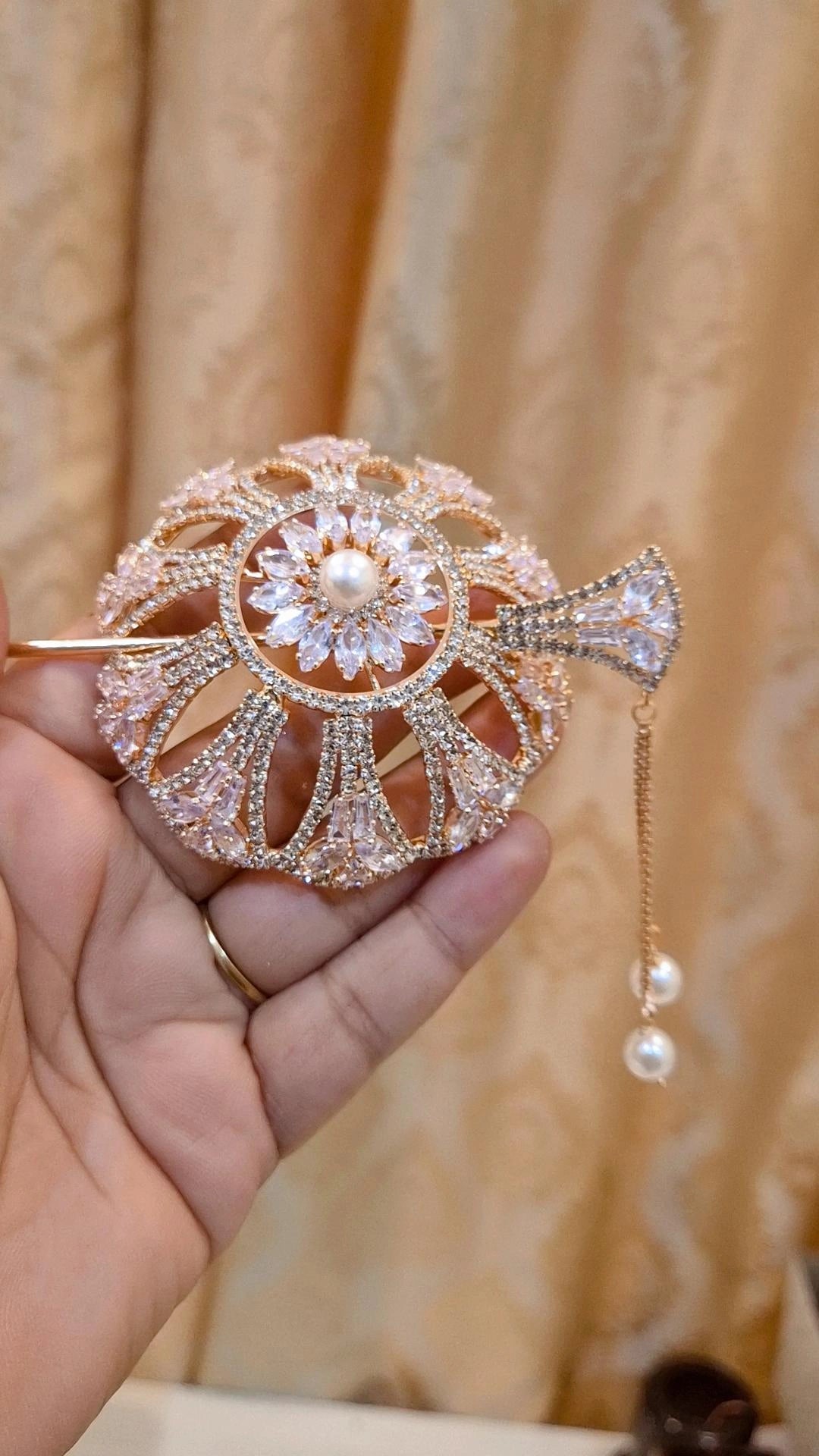 Elegant American Diamond Pearl Studded Hair Bun Cage with Stick - Small Size