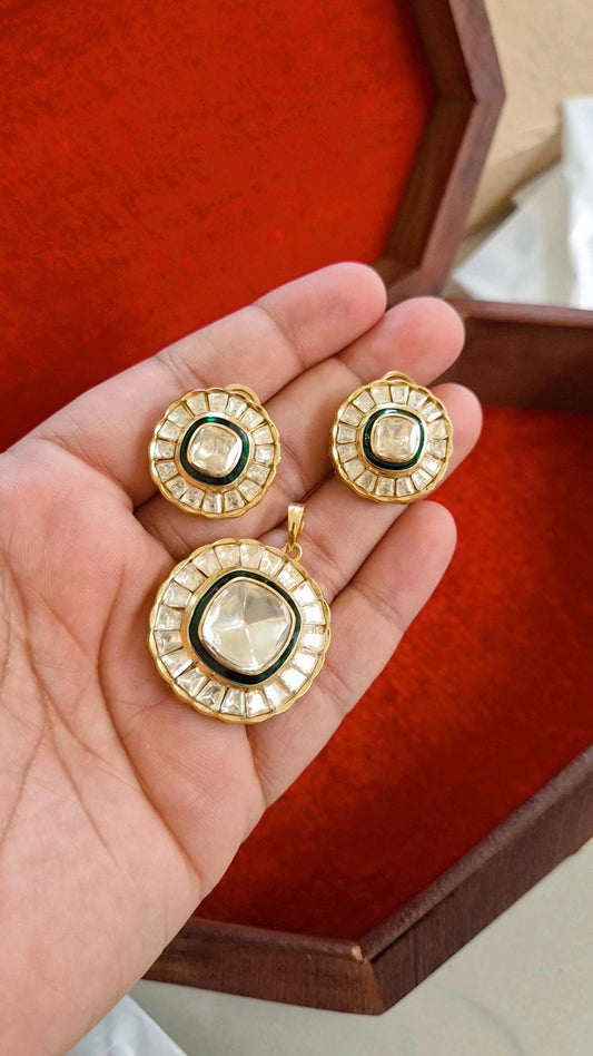 Rooh Statement Moissanite Polki pendant Studs Earrings Set