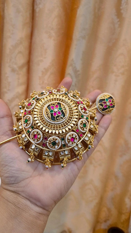 Statement Ranisa Heritage Kundan Studded Gemstone work Hair Bun Cage with Stick