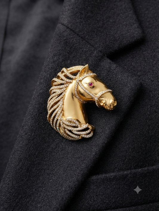 Royal Horse Mint CZ Studded Gold Unisex Brooch