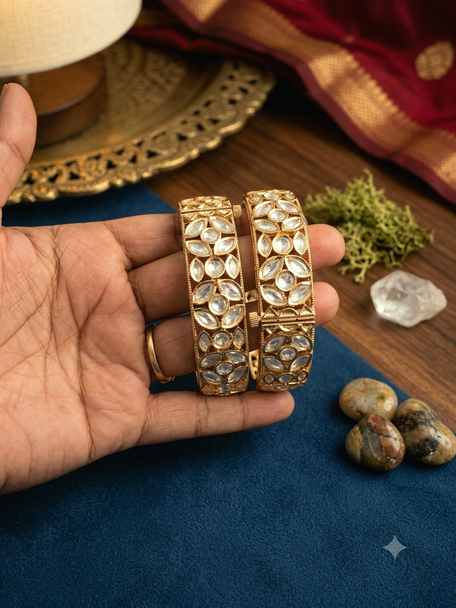 Statement Moissanite Kundan Screw Openable Bangles - Pair )