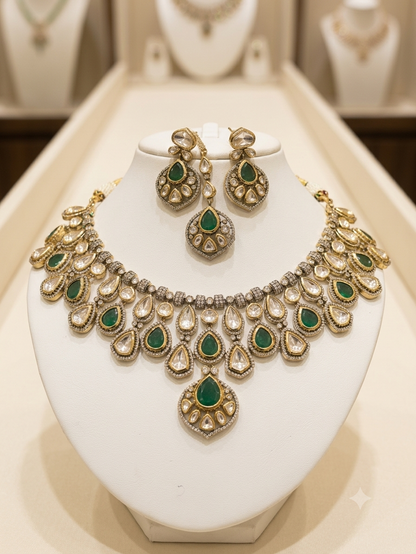 Emerald Real Moissanite Polki Necklace set with tikka