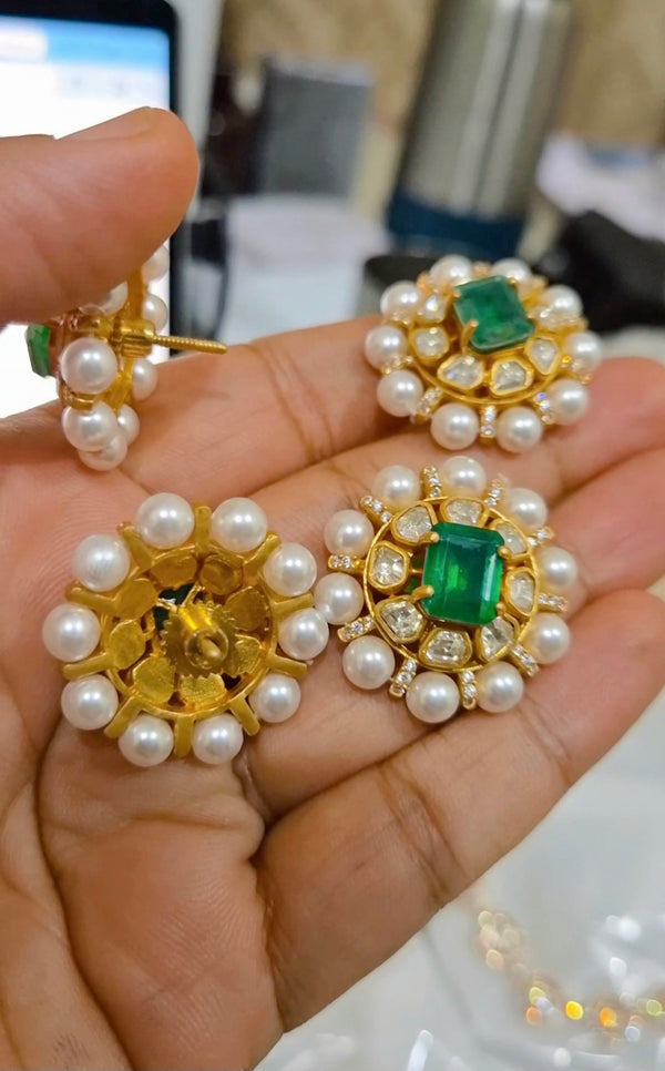 Emerald Polki Moissanite Pearl Studs