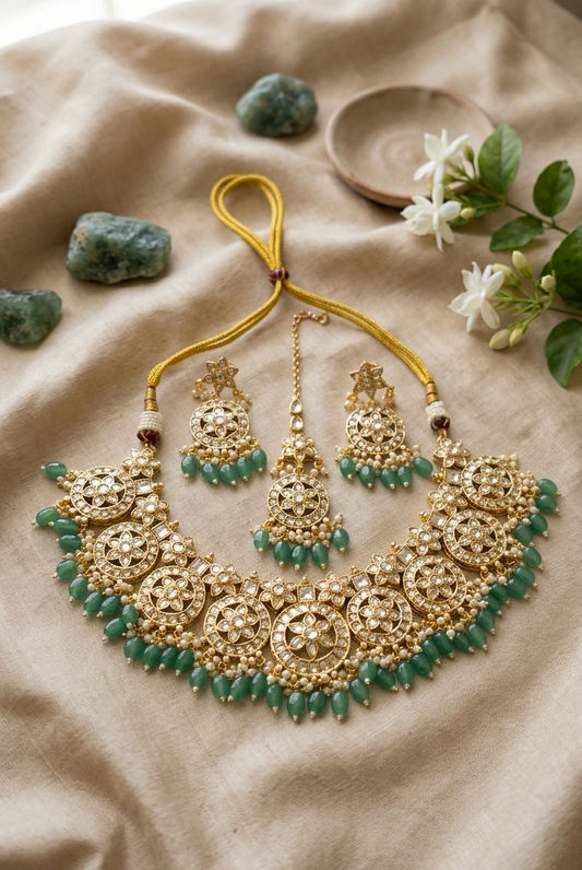 Shagun Green Beaded Kundan Necklace Earring with Maangtikka set