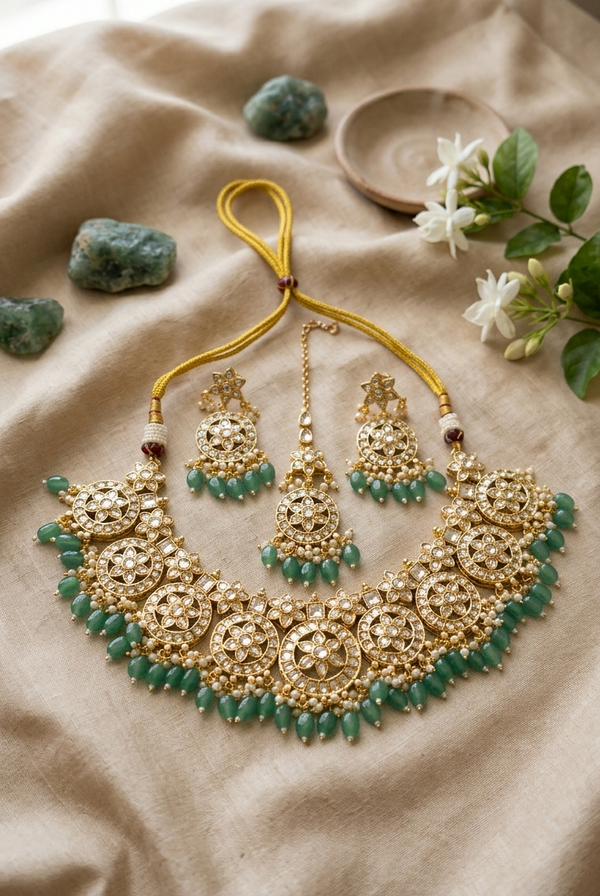 Shagun Green Beaded Kundan Necklace Earring with Maangtikka set