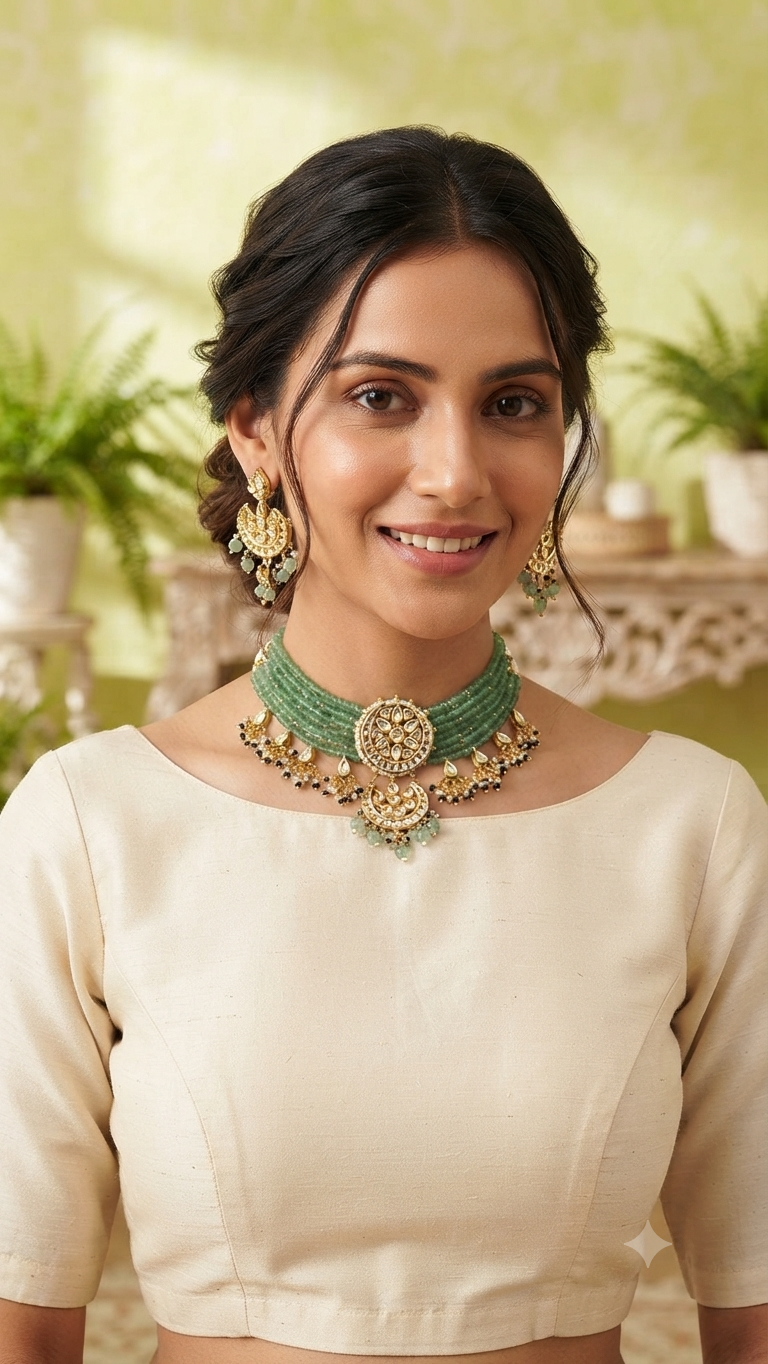 Green Faux Kundan-Studded Faux Pearl Beaded Meenakari Gold-Toned Jewellery Set