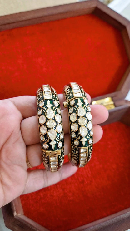 Mainkaa Statement Polki Moissanite Meenakari Screw Openable Bangles - Pair