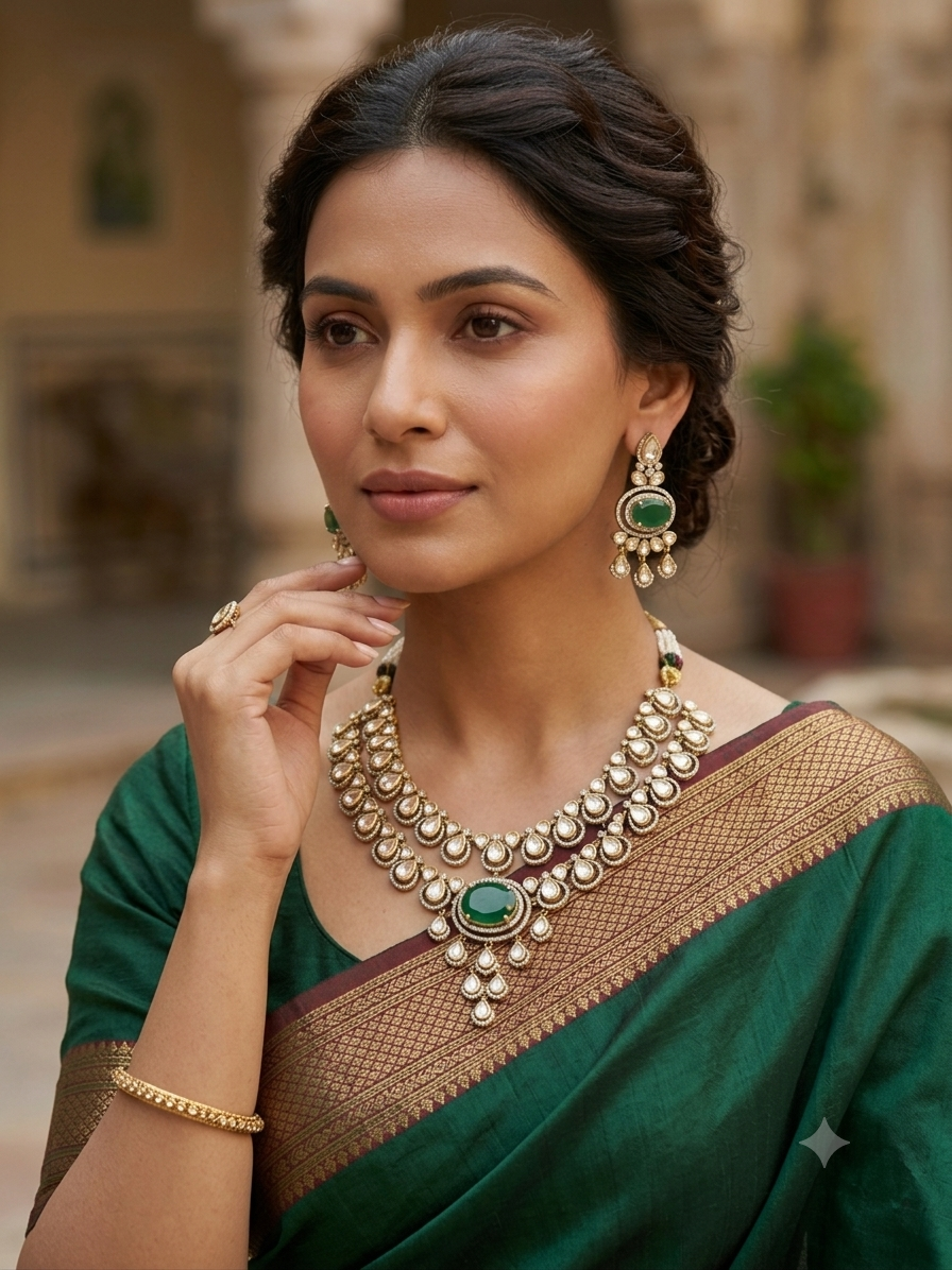 Emerald Real Moissanite Polki Necklace set