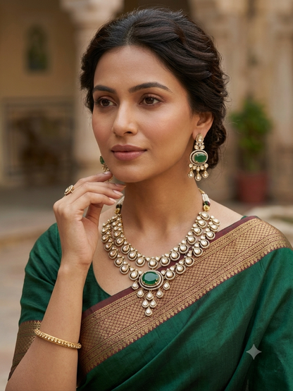 Emerald Real Moissanite Polki Necklace set